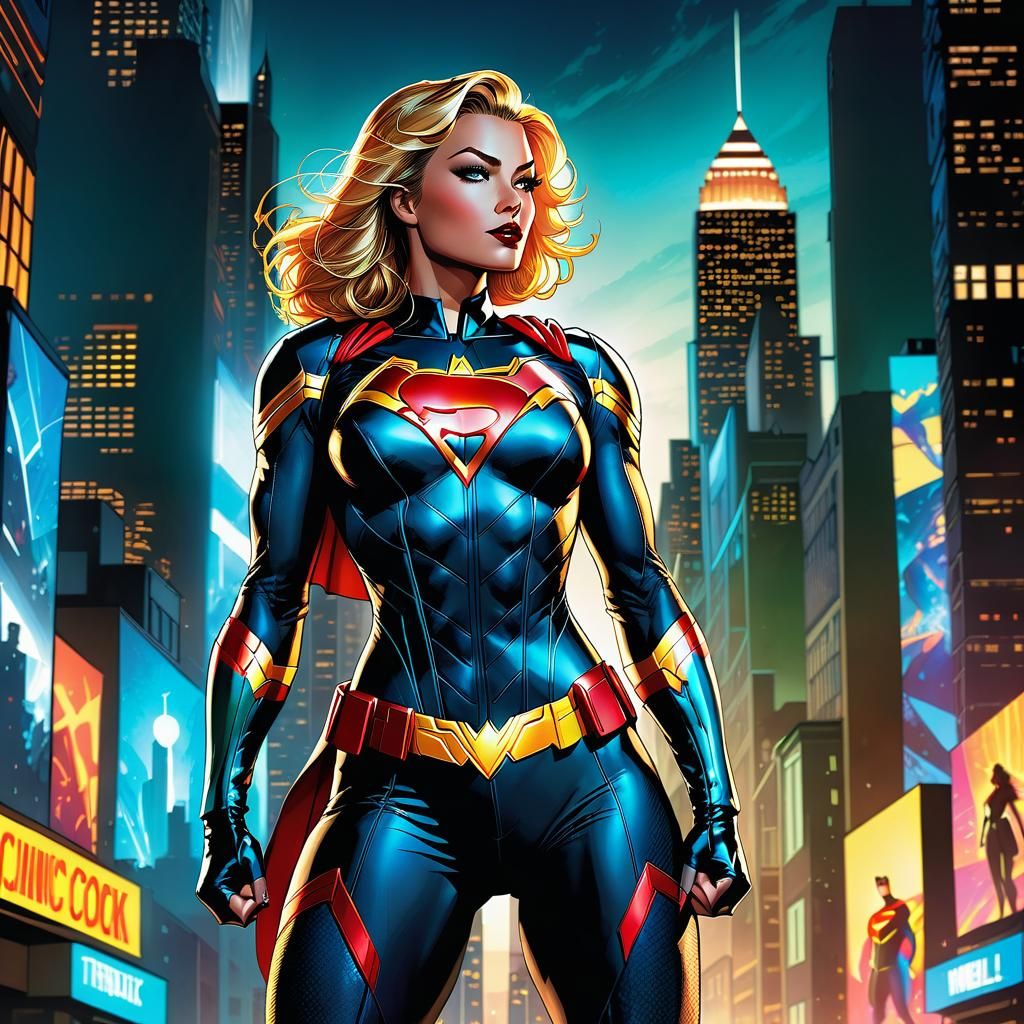 Female Superhero in Cityscape Comic Book Art