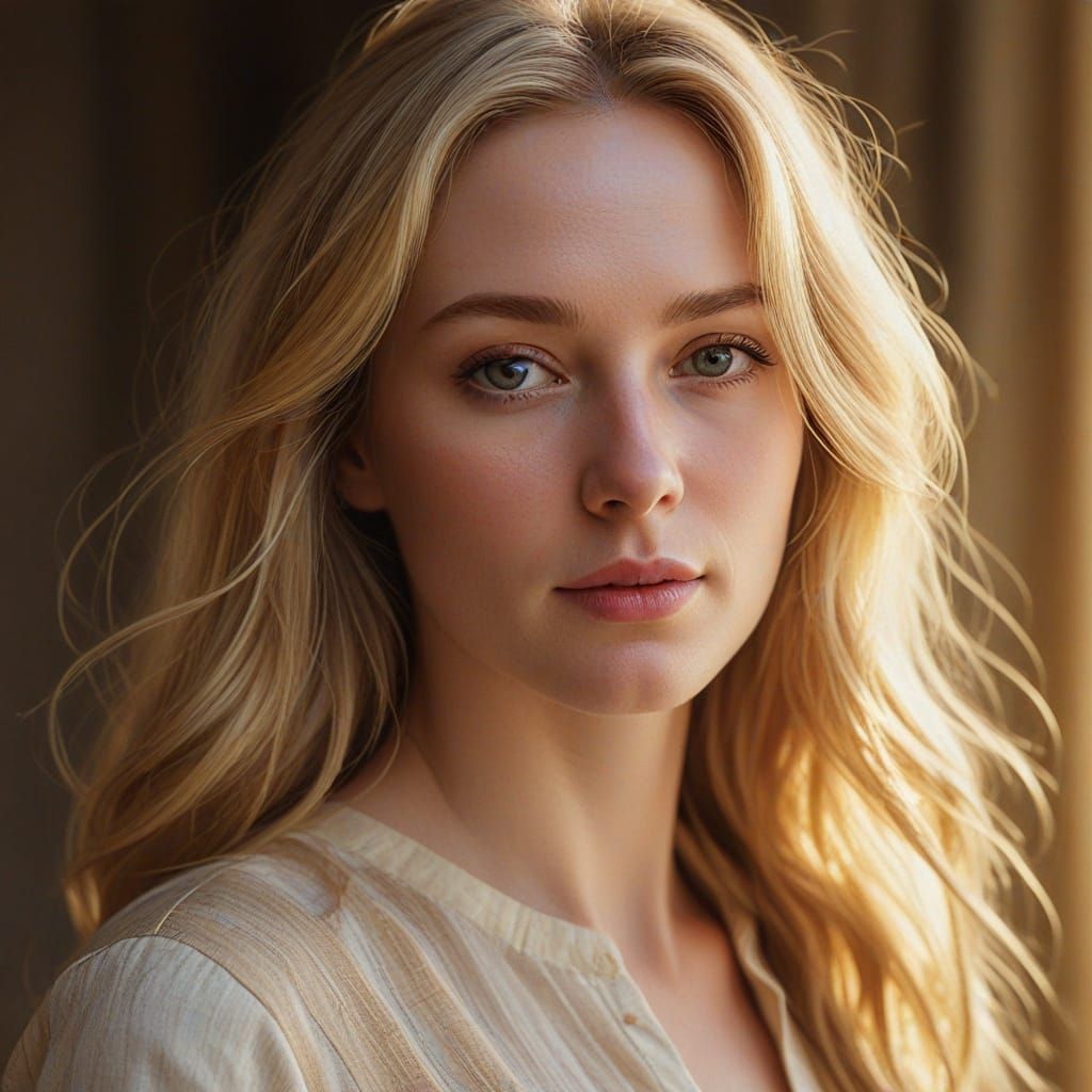 Realistic Portrait of Blonde Woman in Oil Painting Style