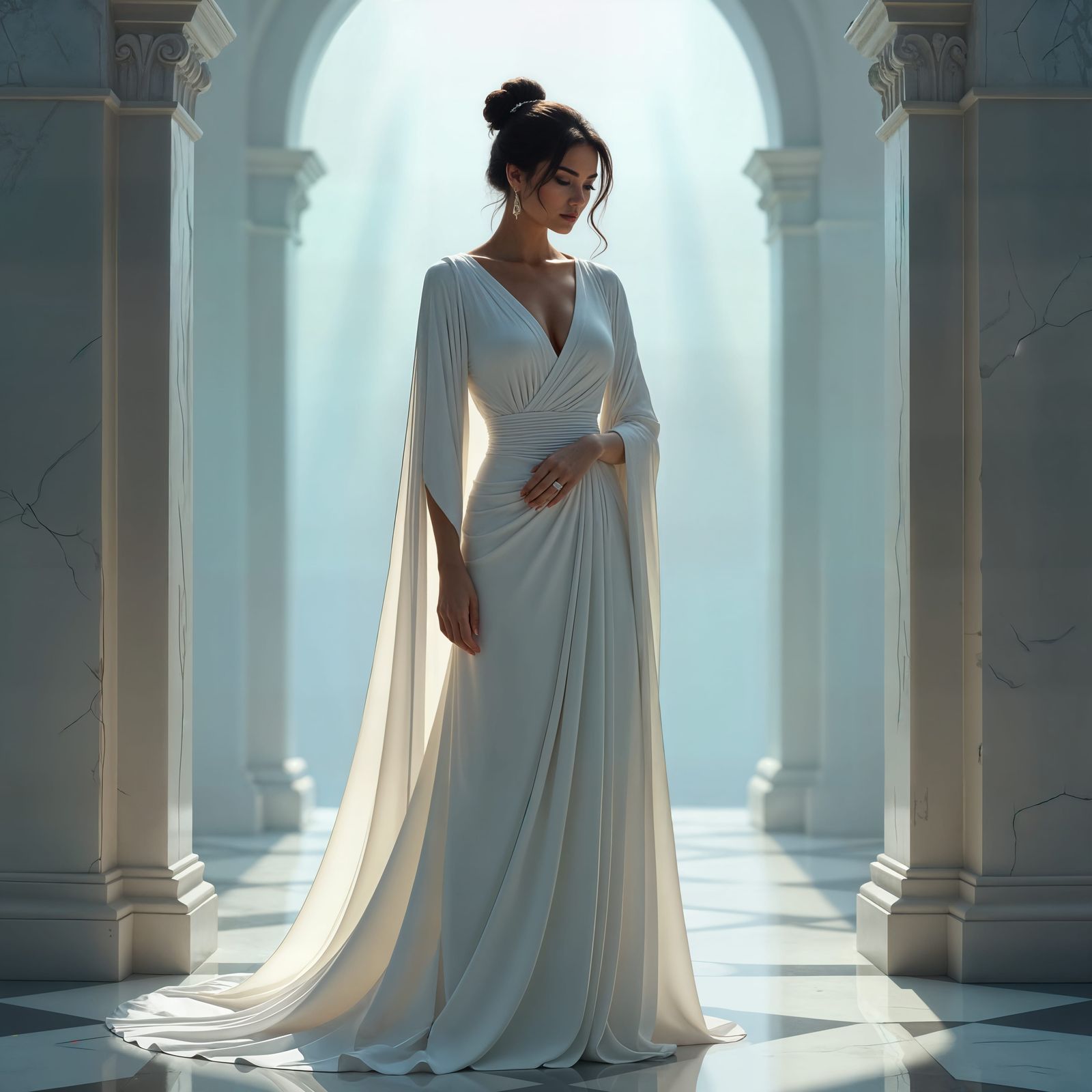 Contemplative Woman in White Robes, Sci-Fi Style