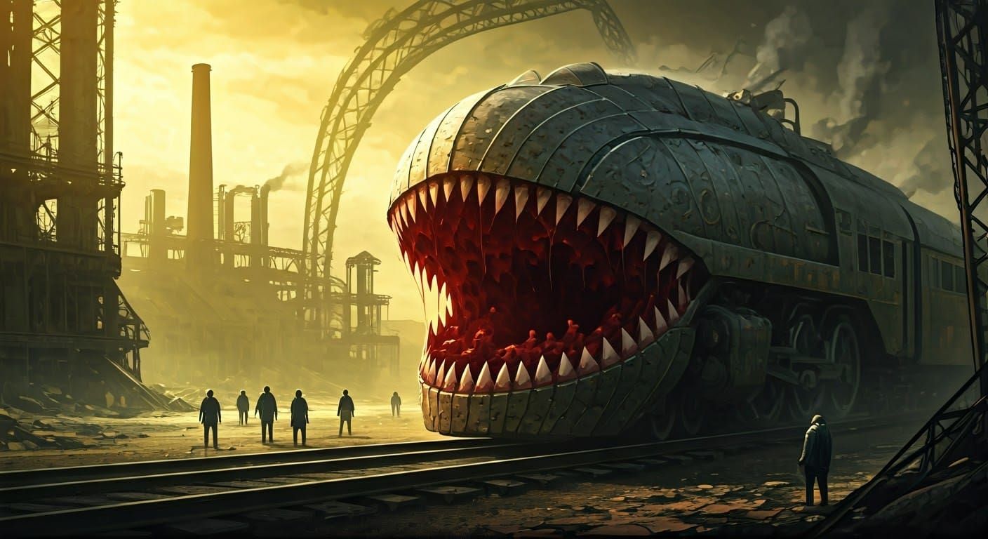 Mechanized Beast Devours Humans in Dark, Industrial Dystopia