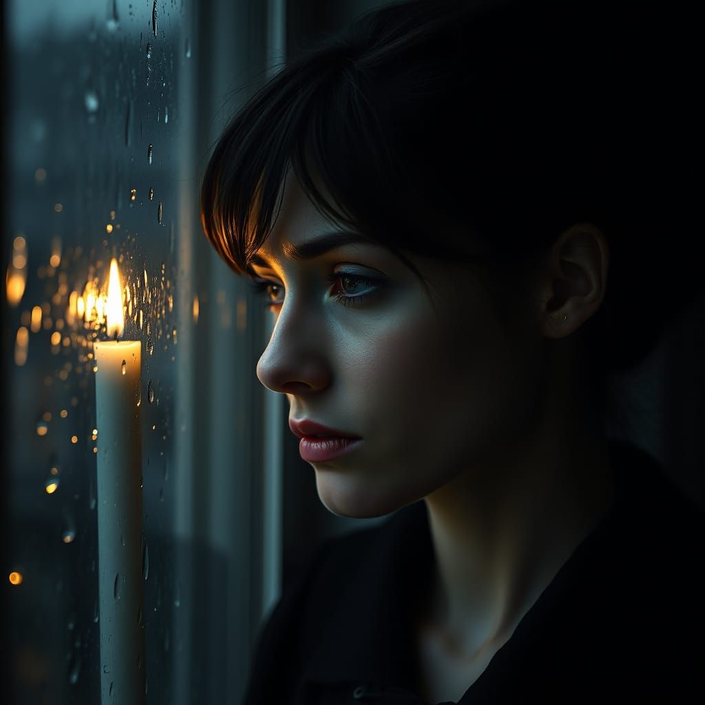 A Somber Portrait of a Melancholic Woman in Rainy Twilight