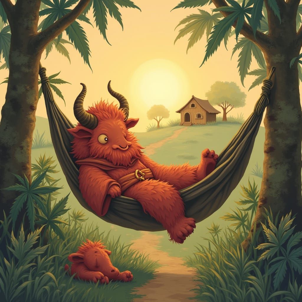 Monster in Hammock with Friend, Whimsical Illustration