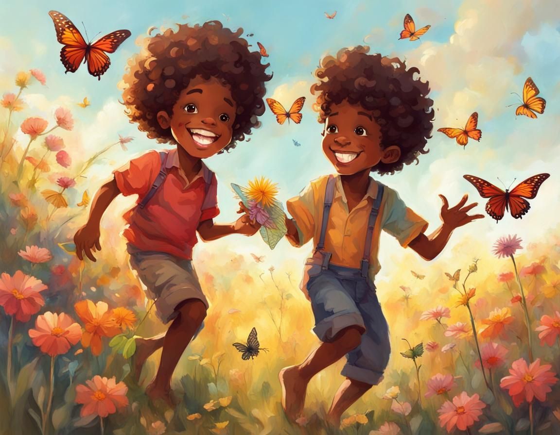 Boy Catching Butterflies in Tropical Flower Field