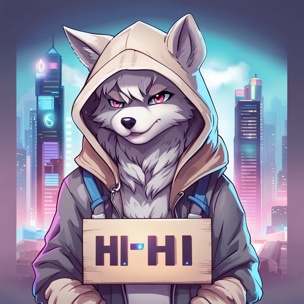Chibi Wolf Greets in Cyberpunk City