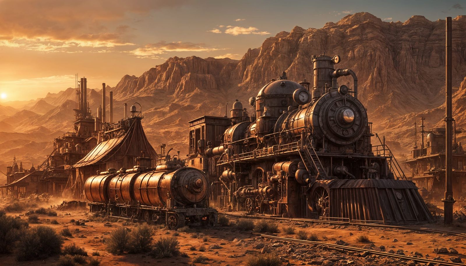 Steampunk Western Town at Sunset