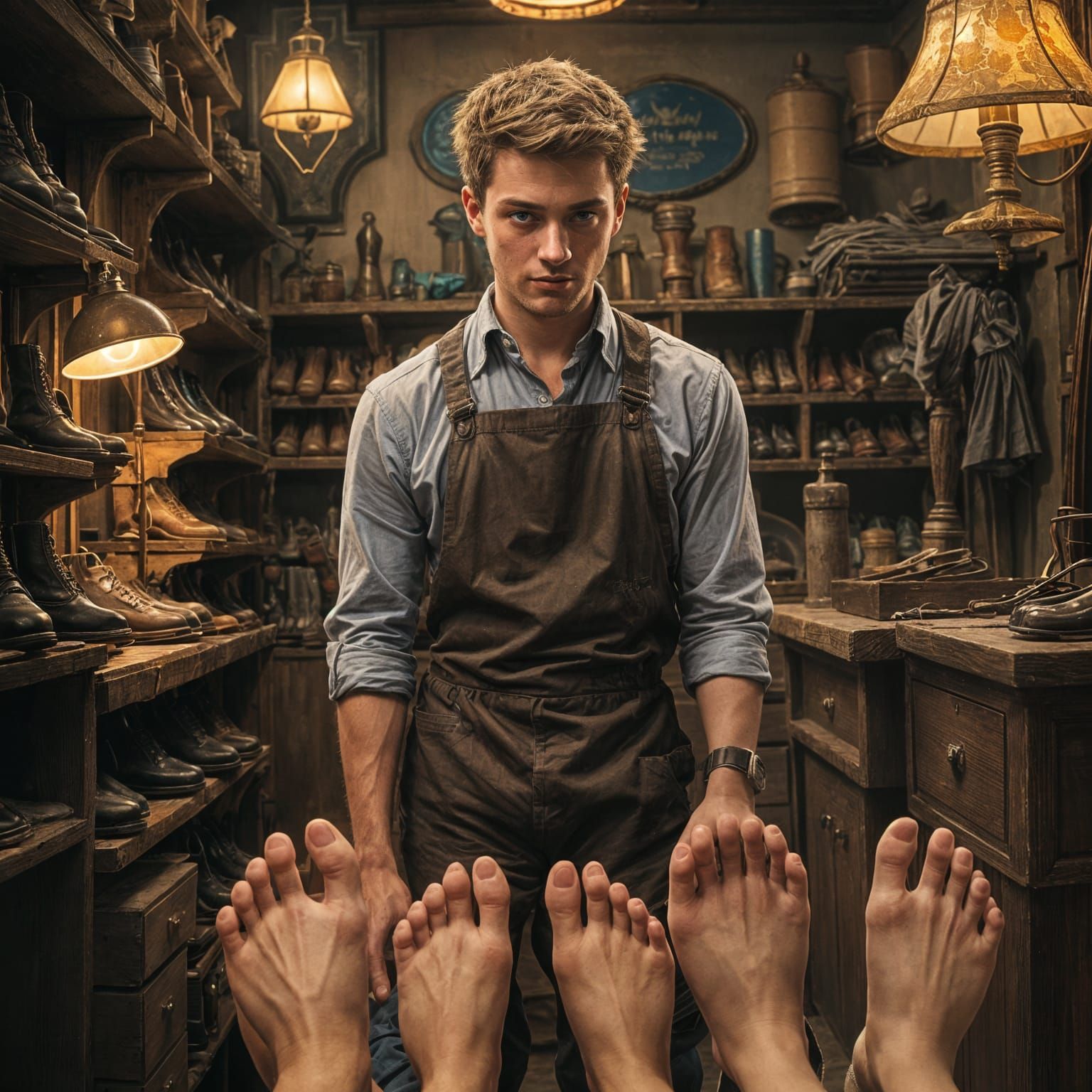 A Young Man in a Shoe Repair Shop Unfazed by Bare Feet