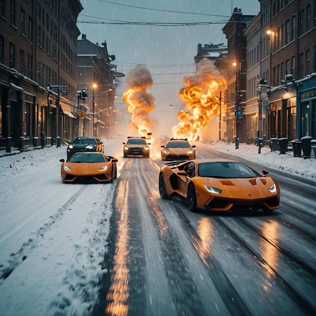 Supercars Escape Through Snowy Storm with Fire Trails