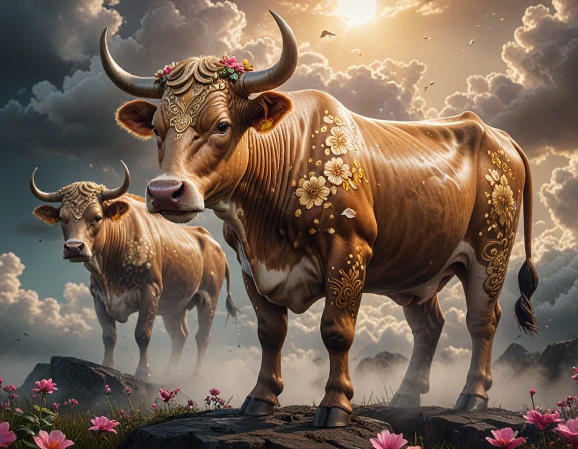 Majestic Zodiac Cow-Bull with Flowers and Tattoos