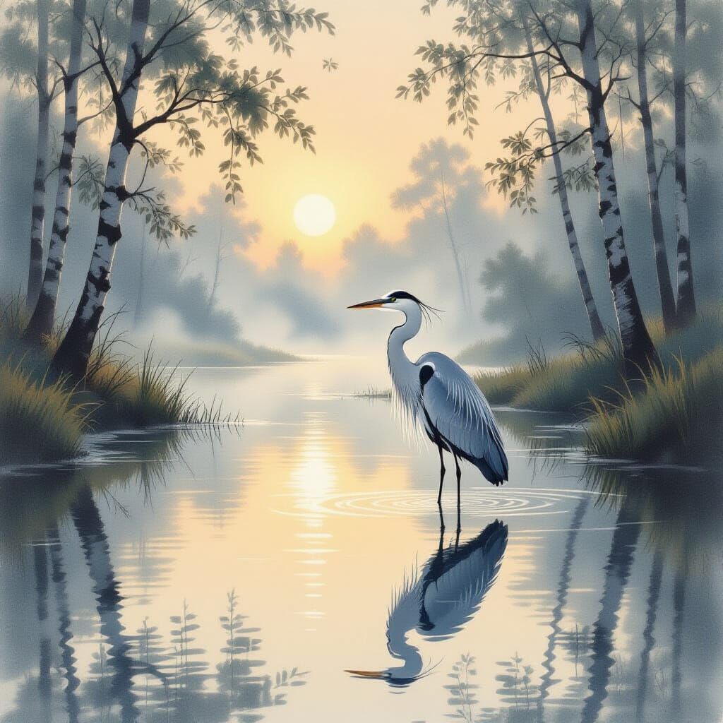 Heron in Misty River Dawn, Pencil Sketch Style