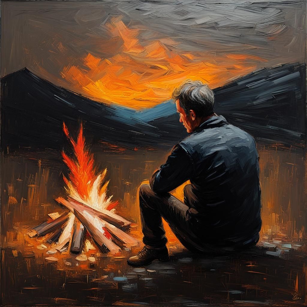 Richly Textured Oil Painting of Man by Bonfire