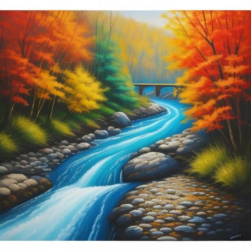 Colorful River as Oil Painting on Canvas