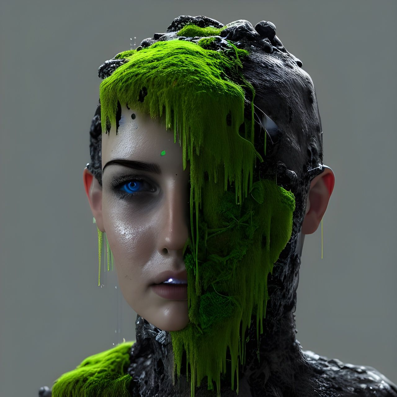 Advanced Cyborg Head in Moss, Digital Art