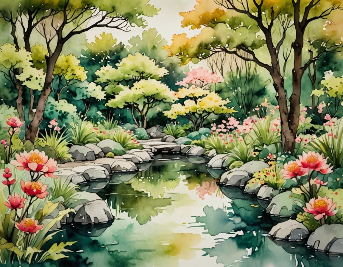 Serene Japanese Garden in Alcohol Ink Illustration
