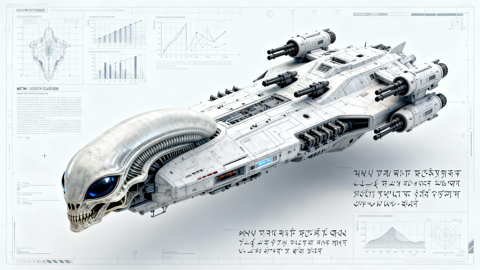 Alien Attack Ship Technical Diagram in 3D Render Style