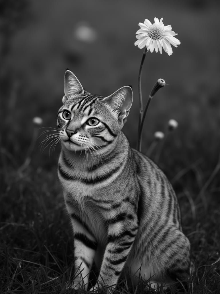 Adorable Cat Sits Under Flower With Flickering Light