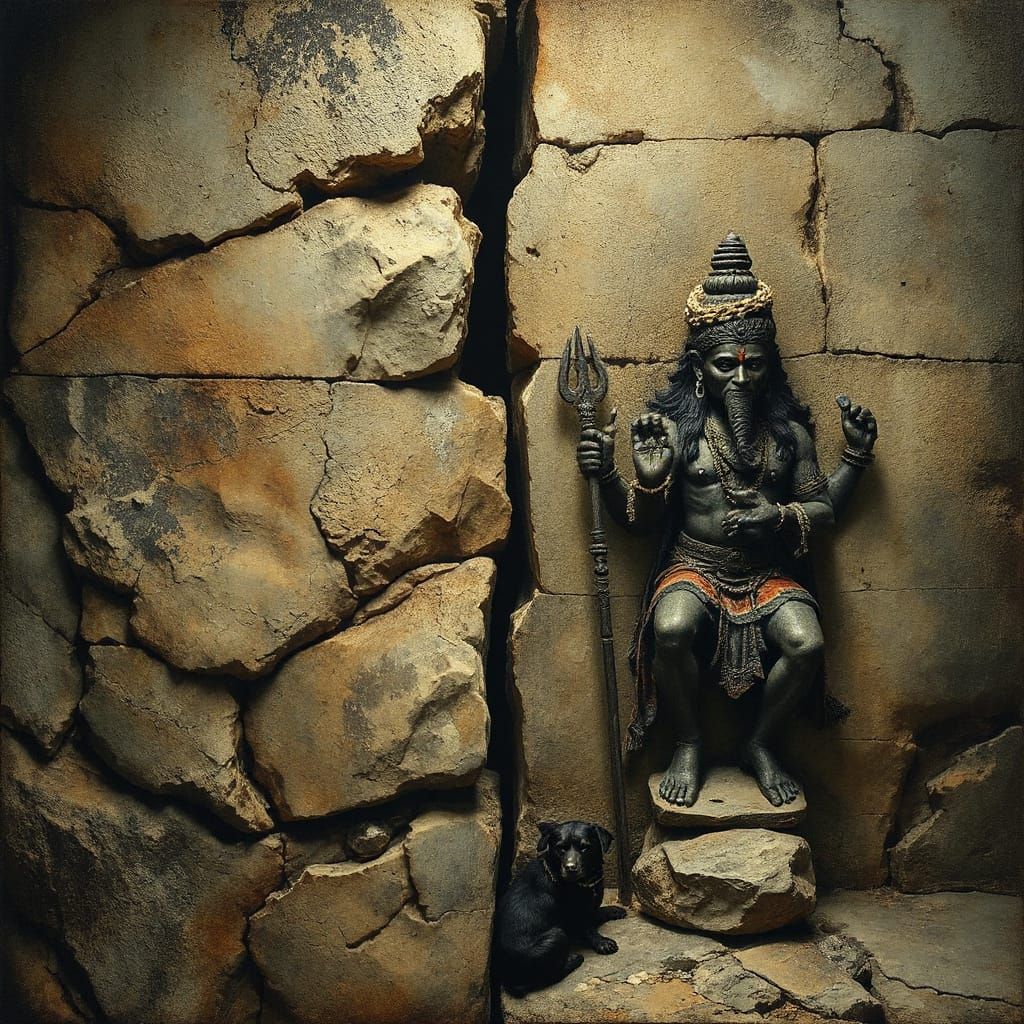 Ancient Stone Wall with Mysterious Light and Kaal Bhairav