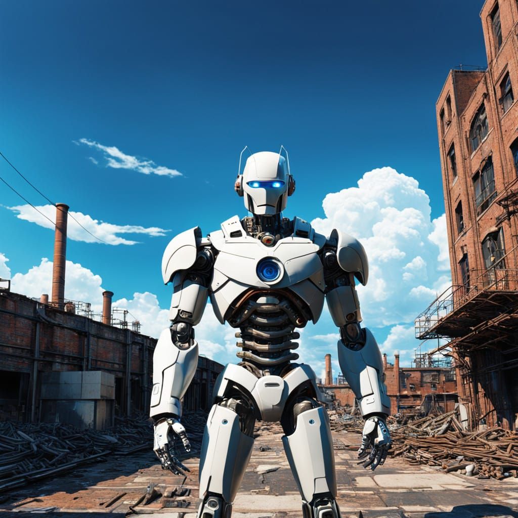 Cyborg Robot in Futuristic Industrial Landscape with Blue Sk...