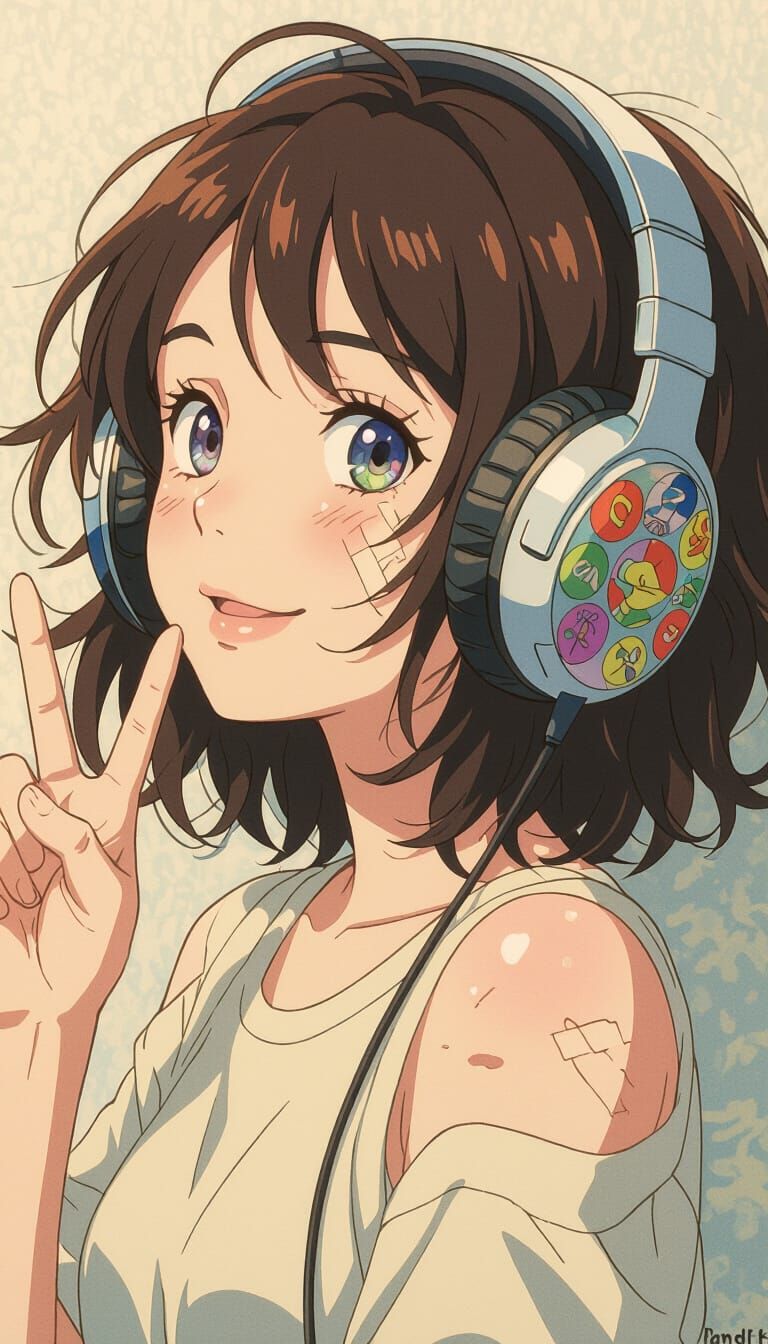 Anime Girl with Retro Headphones and Stickers