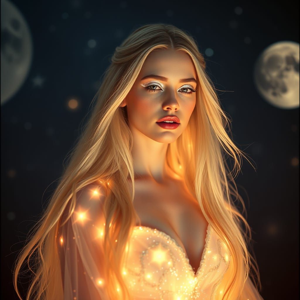 Stunning Goddess with Starlight Gown, Cinematic Style