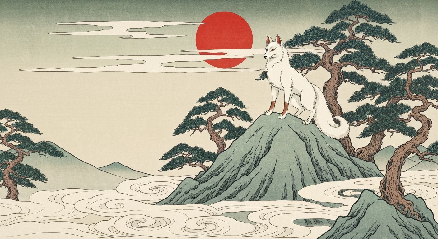 Misty Mountain Fox Guardian in Ukiyo-e Style