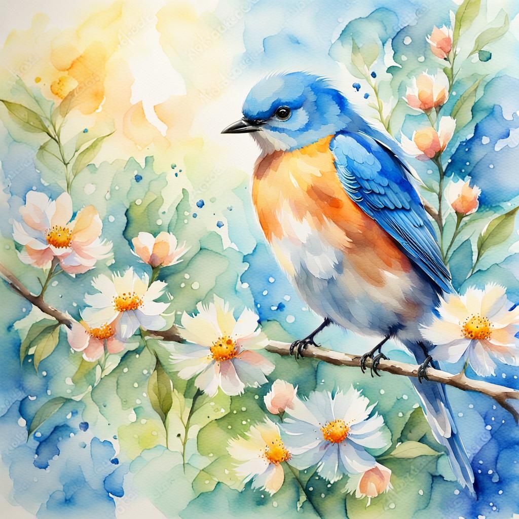 Watercolor Blue Bird in Sunny Garden