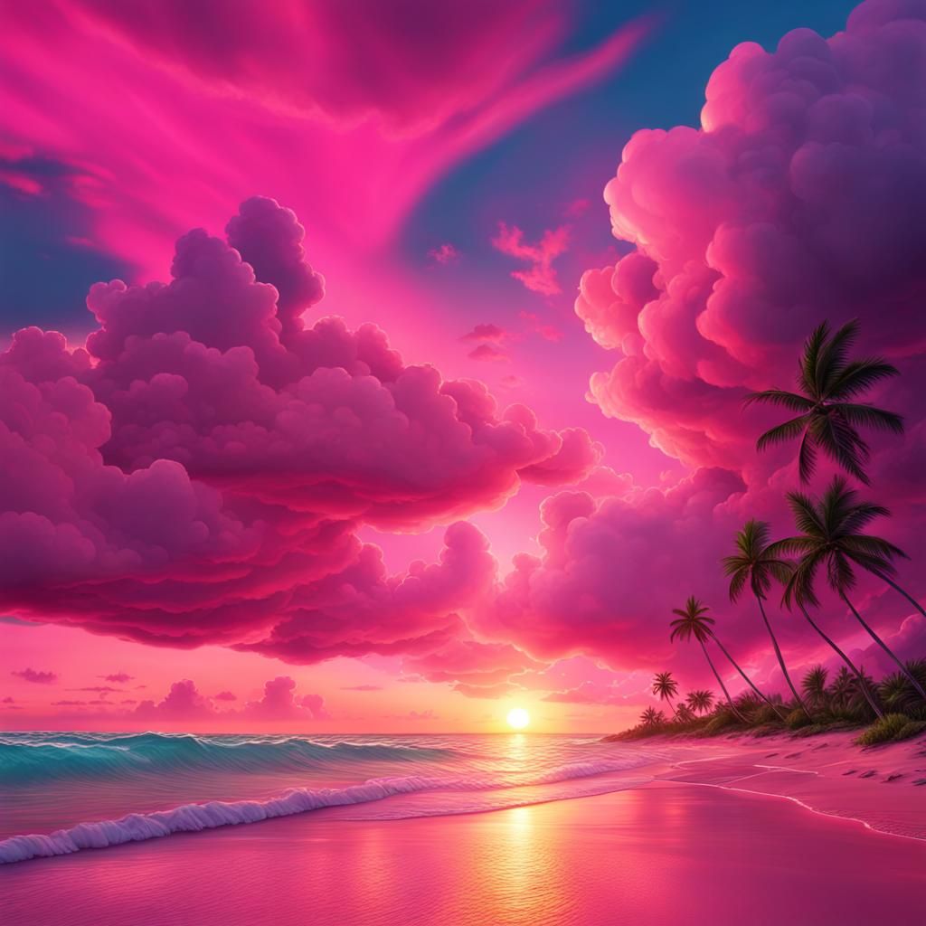 Hyperrealistic Pink Sunset on Caribbean Beach