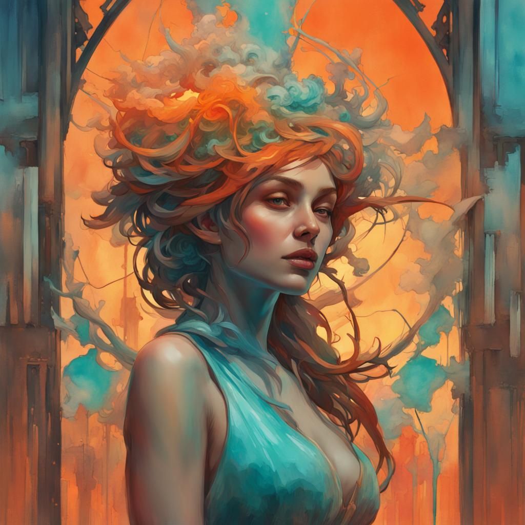 Abstract Watercolor Girl in Twilight, Dynamic Lighting