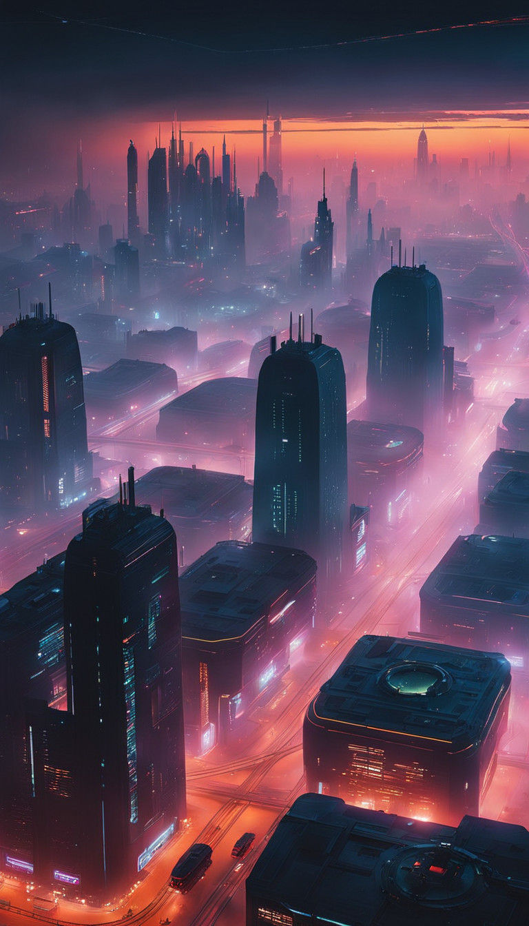 Surreal Cyberpunk City Unfolds Under Neon Skies