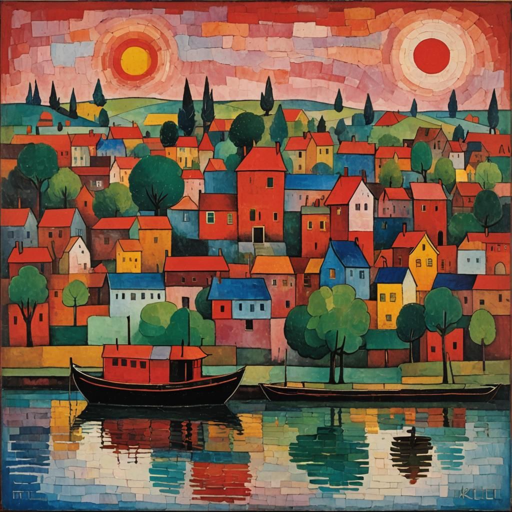 Confusing Red Houseboat in Expressionist Style