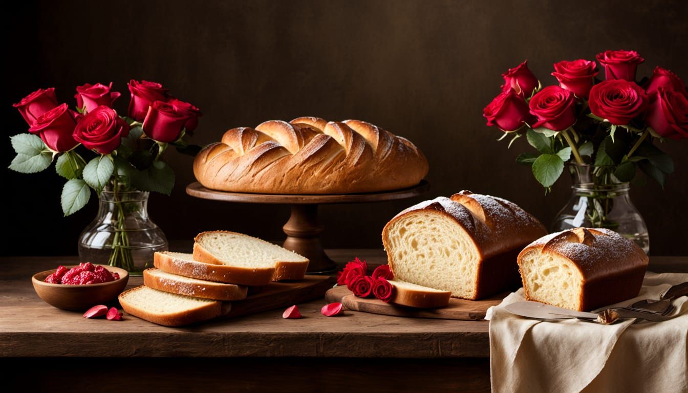 Still Life of Fresh Bread and Roses in Golden Light