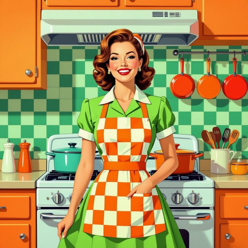 Retro Kitchen Scene with Woman in 1950s Dress