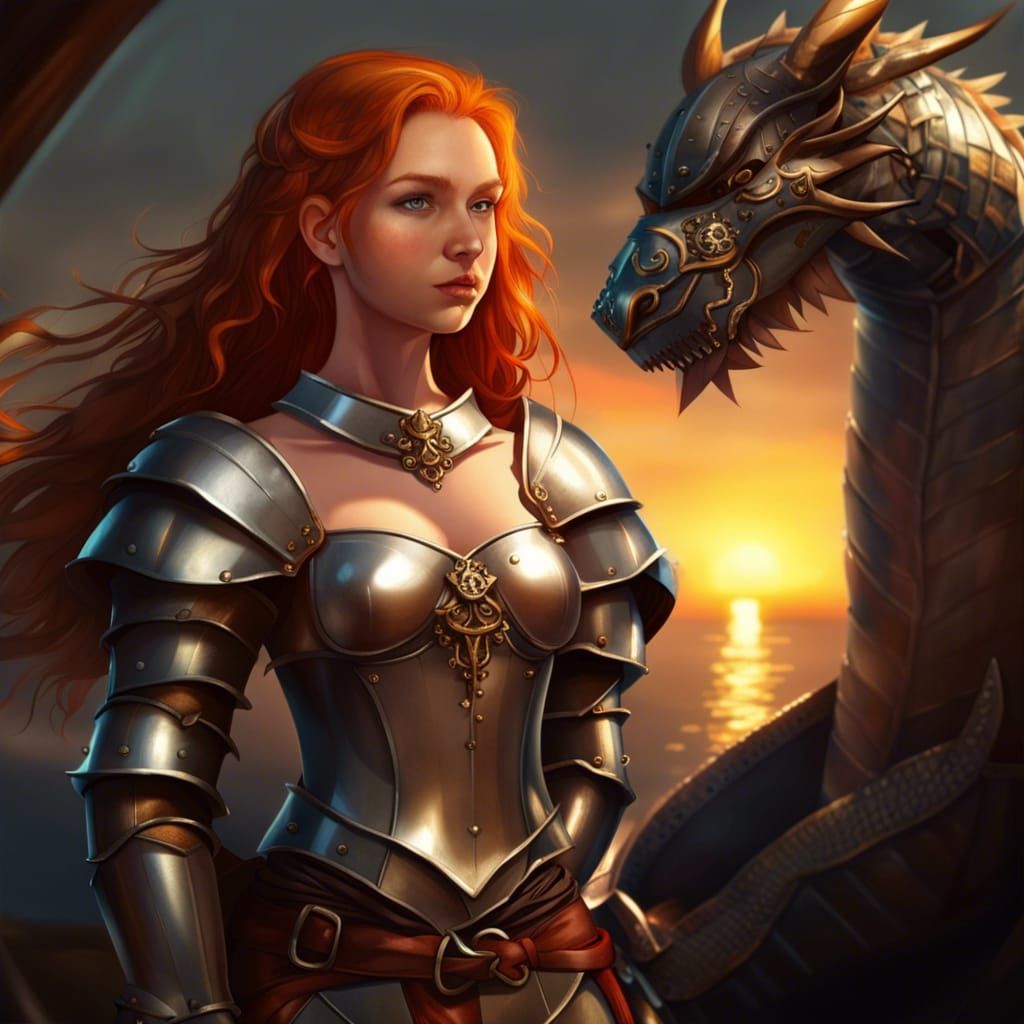 Viking Warrior Girl with Dragon in Medieval Times