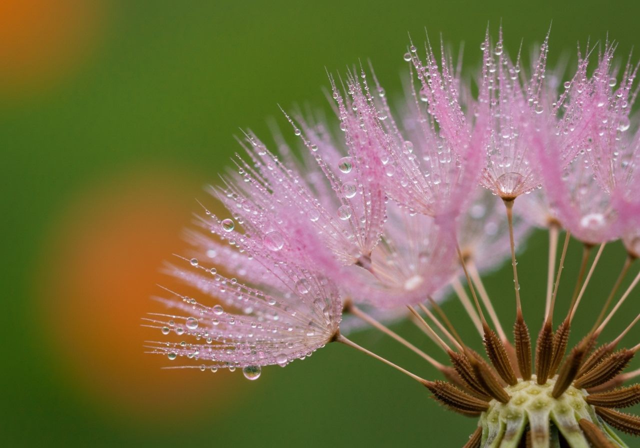 Dew-Kissed Pink Dandelion Seeds in Macro