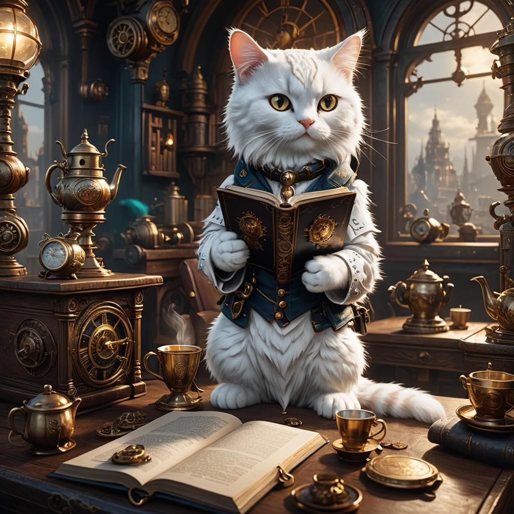 Steampunk Cat Reads to Owl: Detailed Matte Painting