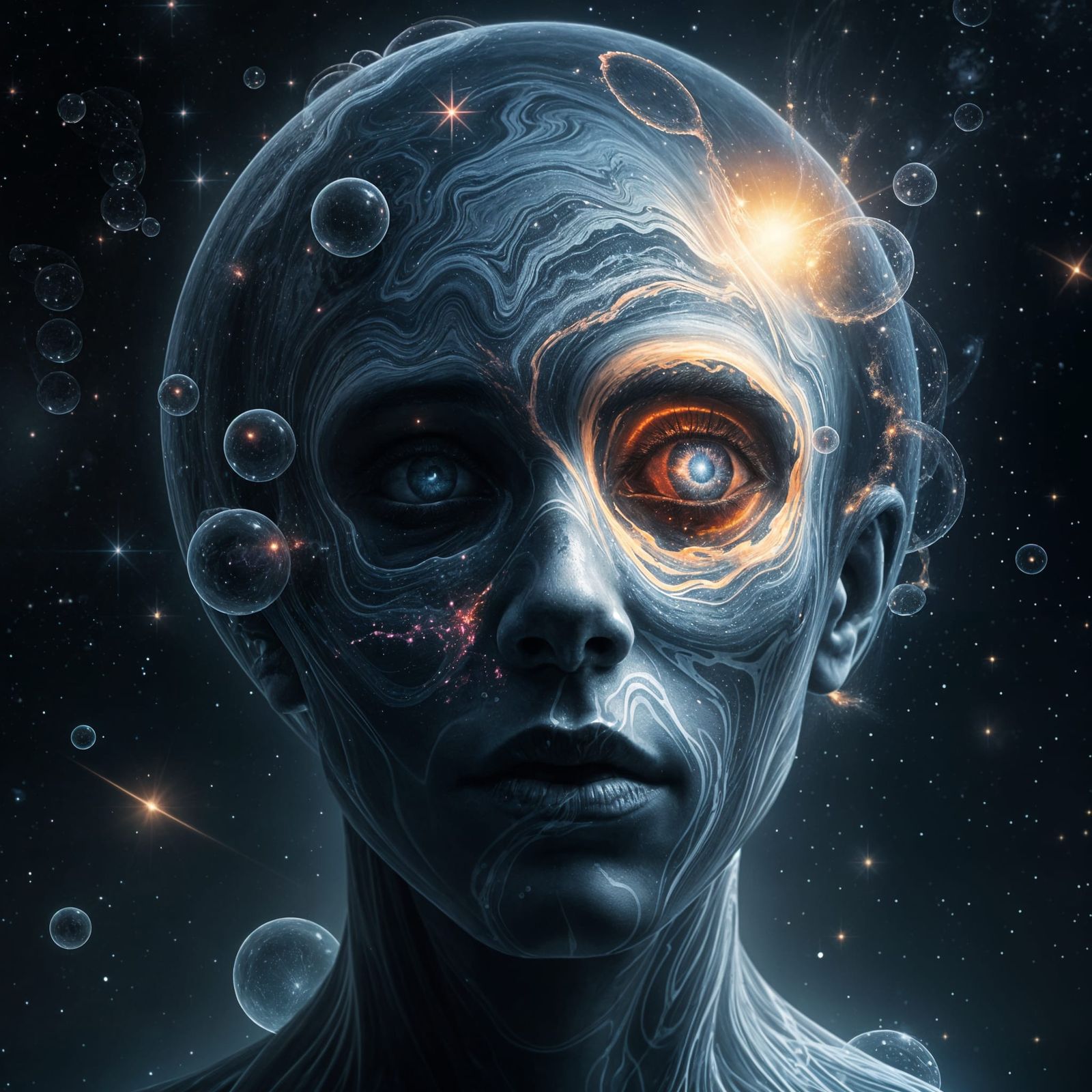 Galactic Marble Face with Neon Glow and Bubbles