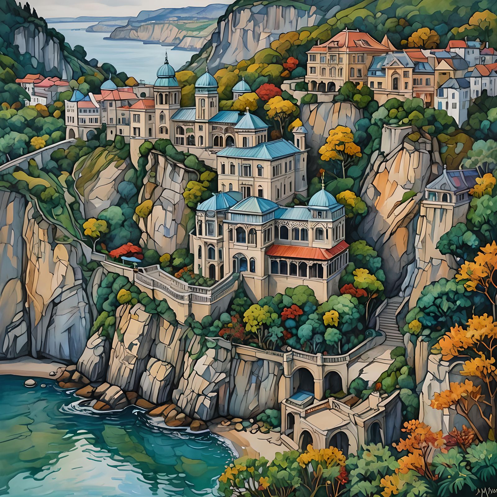 Renaissance Palace in Art Nouveau Watercolor Painting