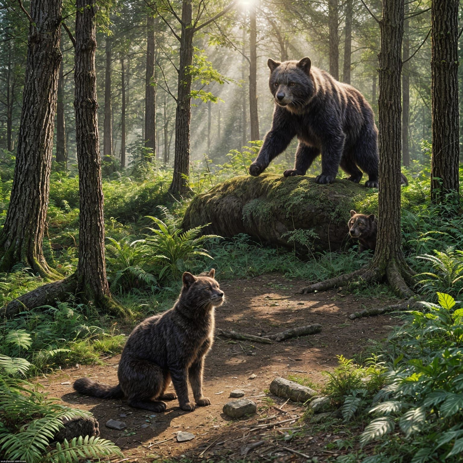 Create a highly detailed and ultra-realistic scene of a dramatic confrontation between a cat and a bear in a natural set...