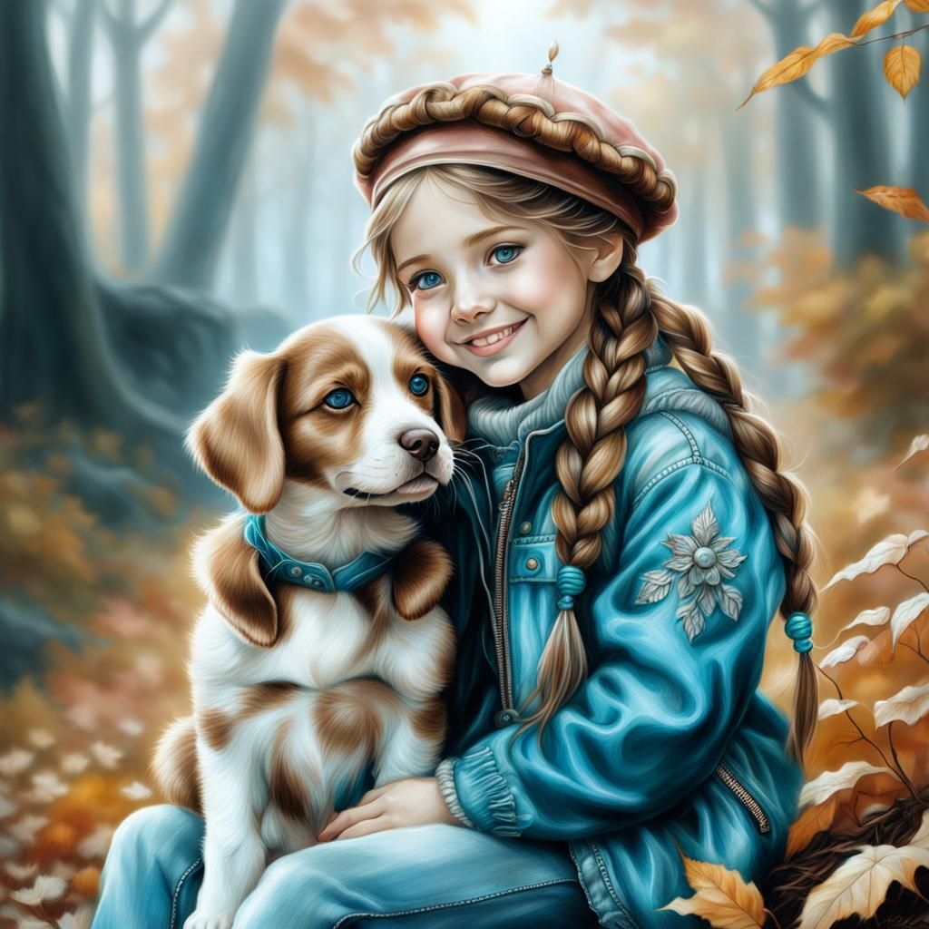 Girl with Puppy: Colored Pencil Art in Royo Style