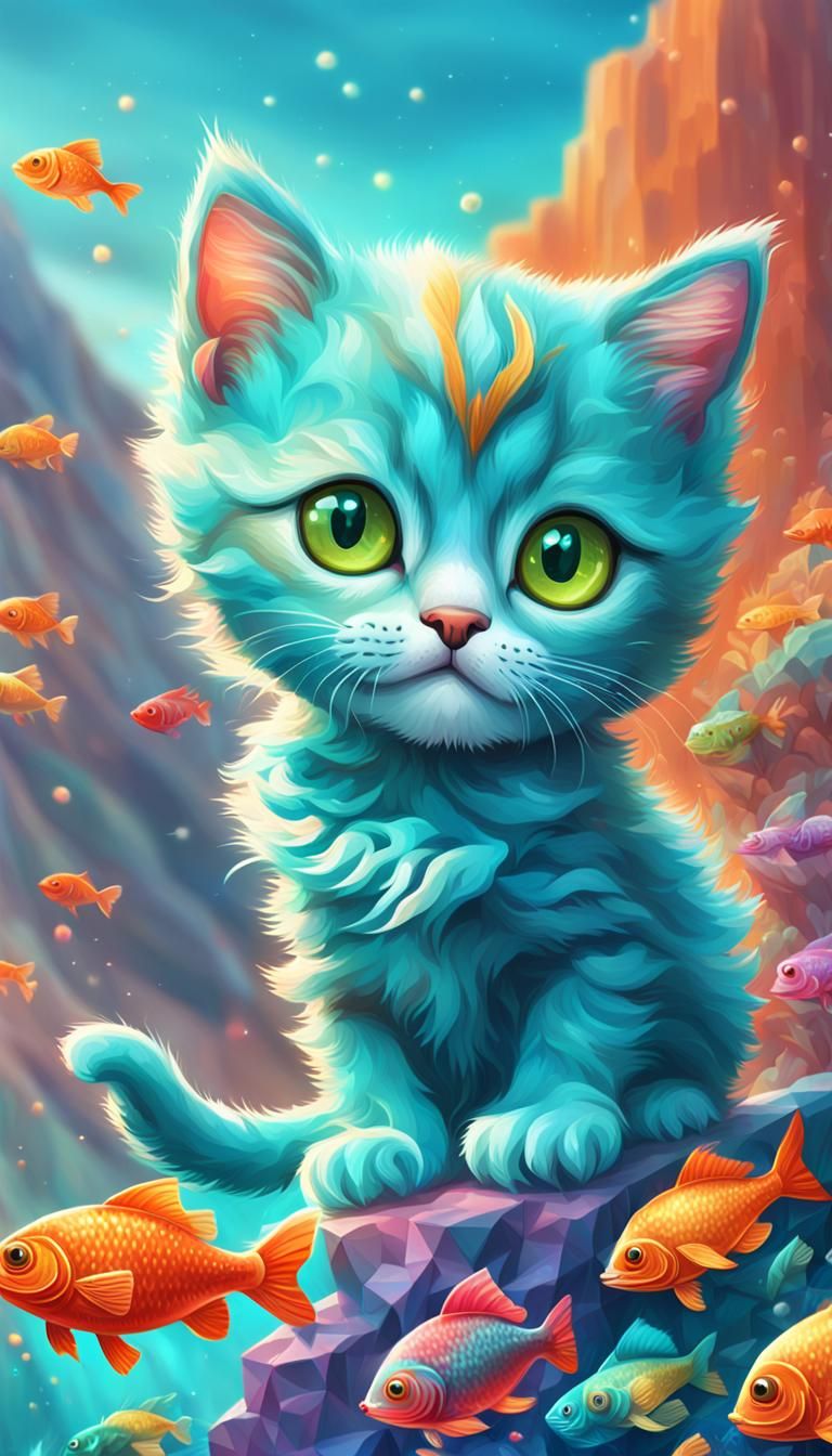 Turquoise Kitten on Mountain of Fish: Digital Art
