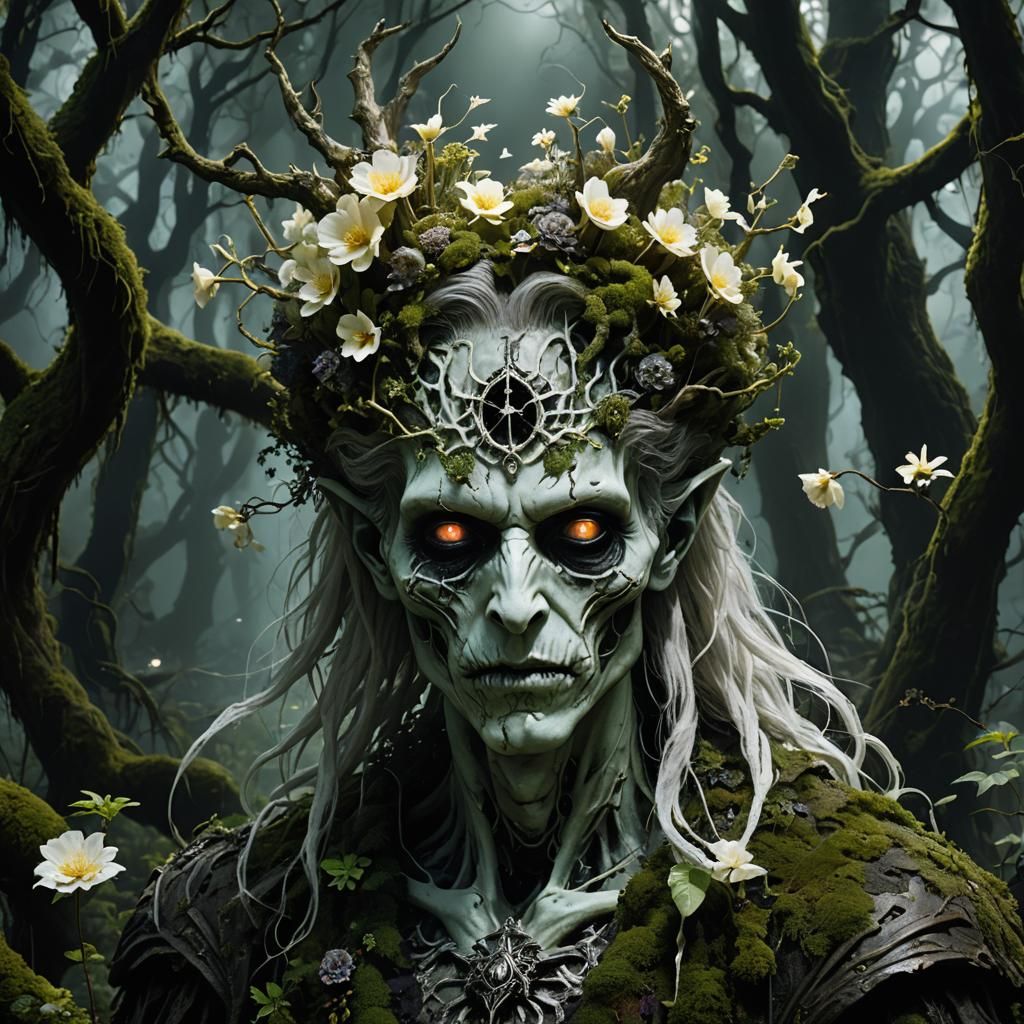 A Necromancer with glowing eyes, Standing in a dark forest