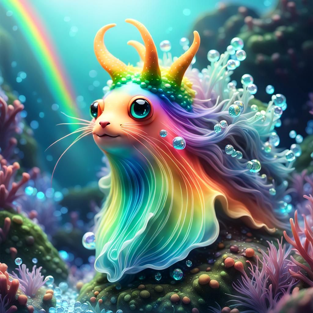 Surreal Anime-Style Sea Slug with Vibrant Iridescent Skin