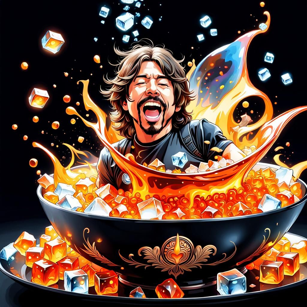 Dave Grohl Laughing in Fiery Watercolor Style