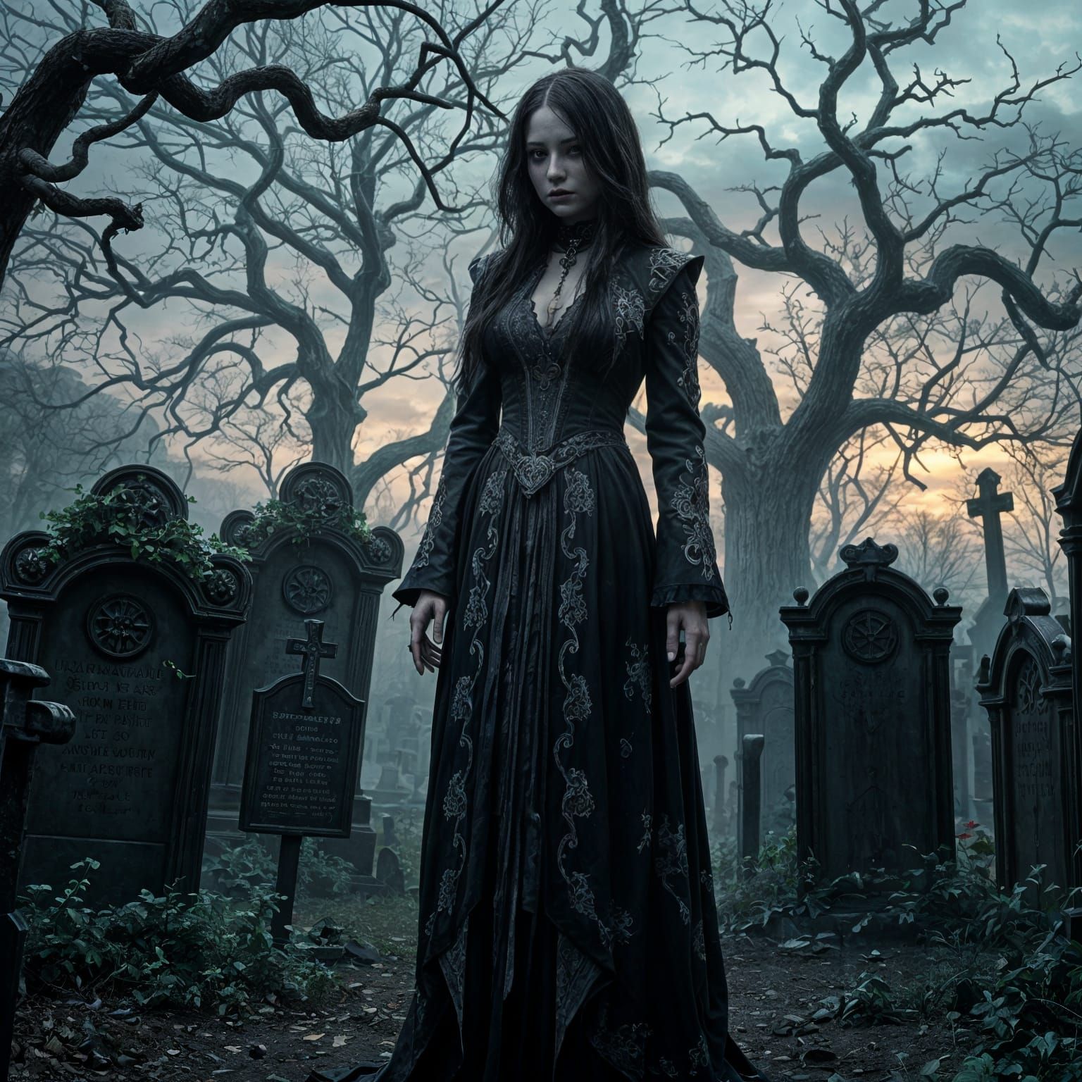 Gothic Woman in a Haunting Graveyard at Dusk
