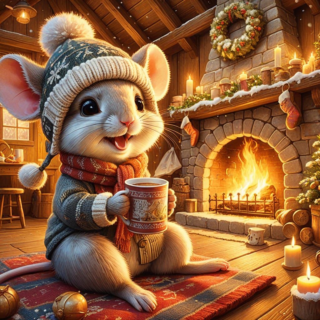 Whimsical Winter Cottage Scene with Mouse
