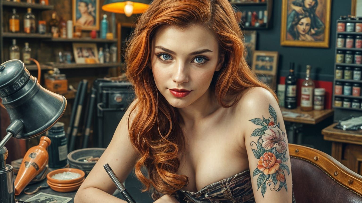 Tattoo Artist in 1950s Pinup Watercolor Style