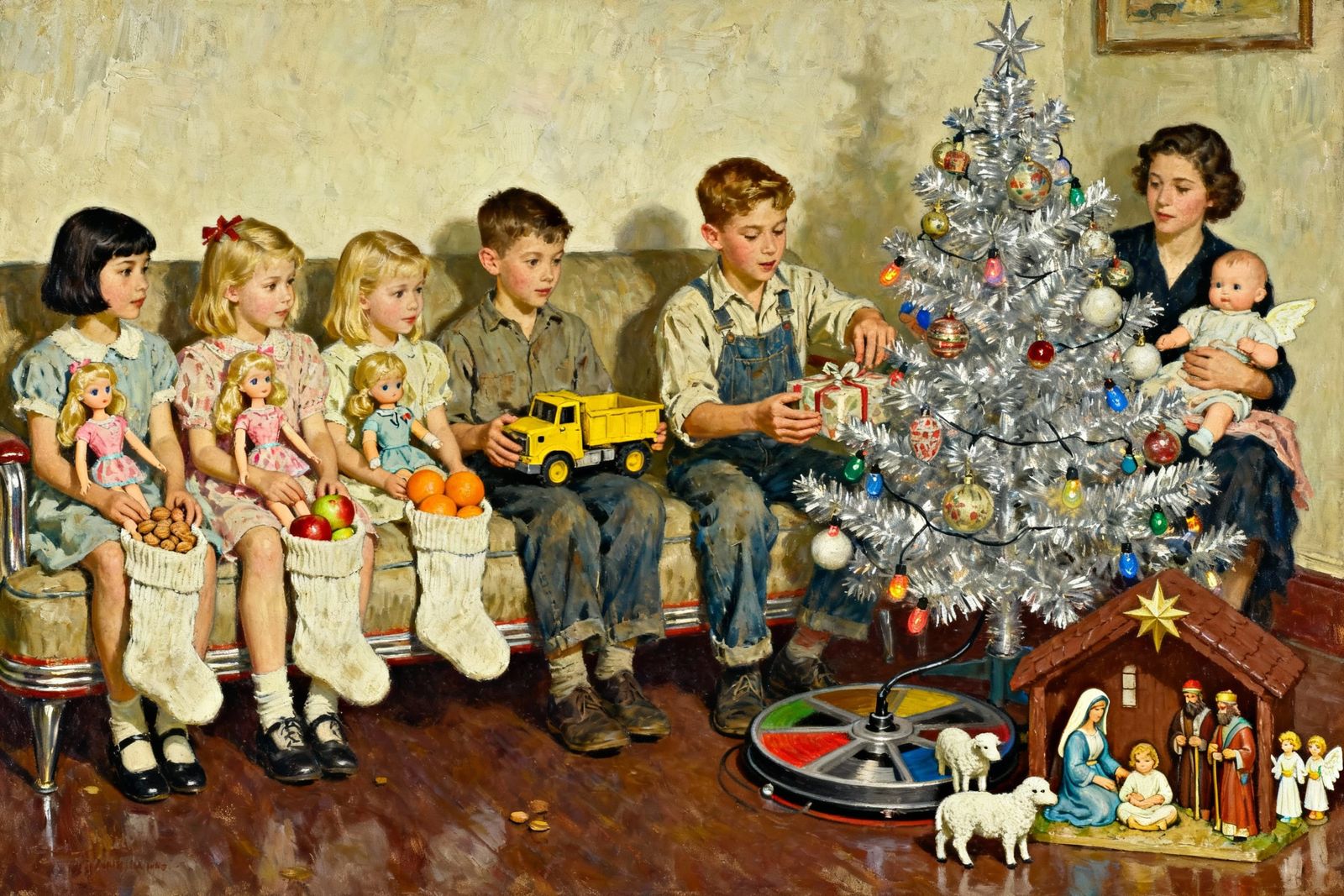 Impasto Oil Painting of Family Christmas by Aluminum Tree