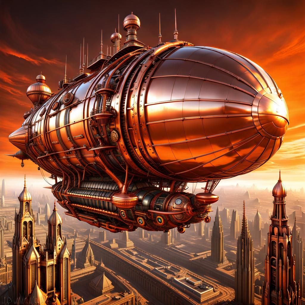 Steampunk Airship Over Cybertech City in Copper and Orange