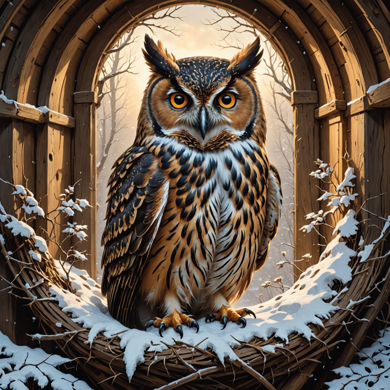 Hyper-Realistic Owl Watching Snowfall in Barn