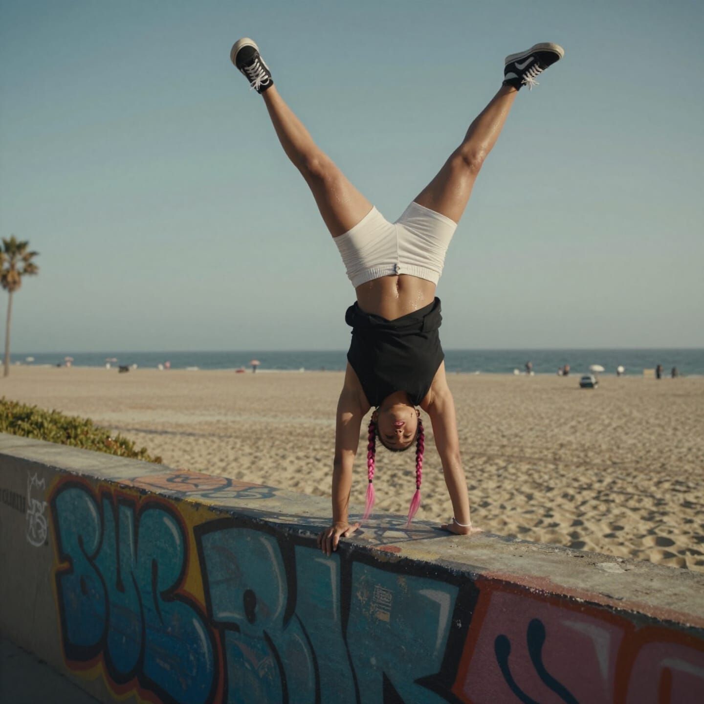Punk Girl Parkour Handstand on Graffiti Wall at Venice Beach