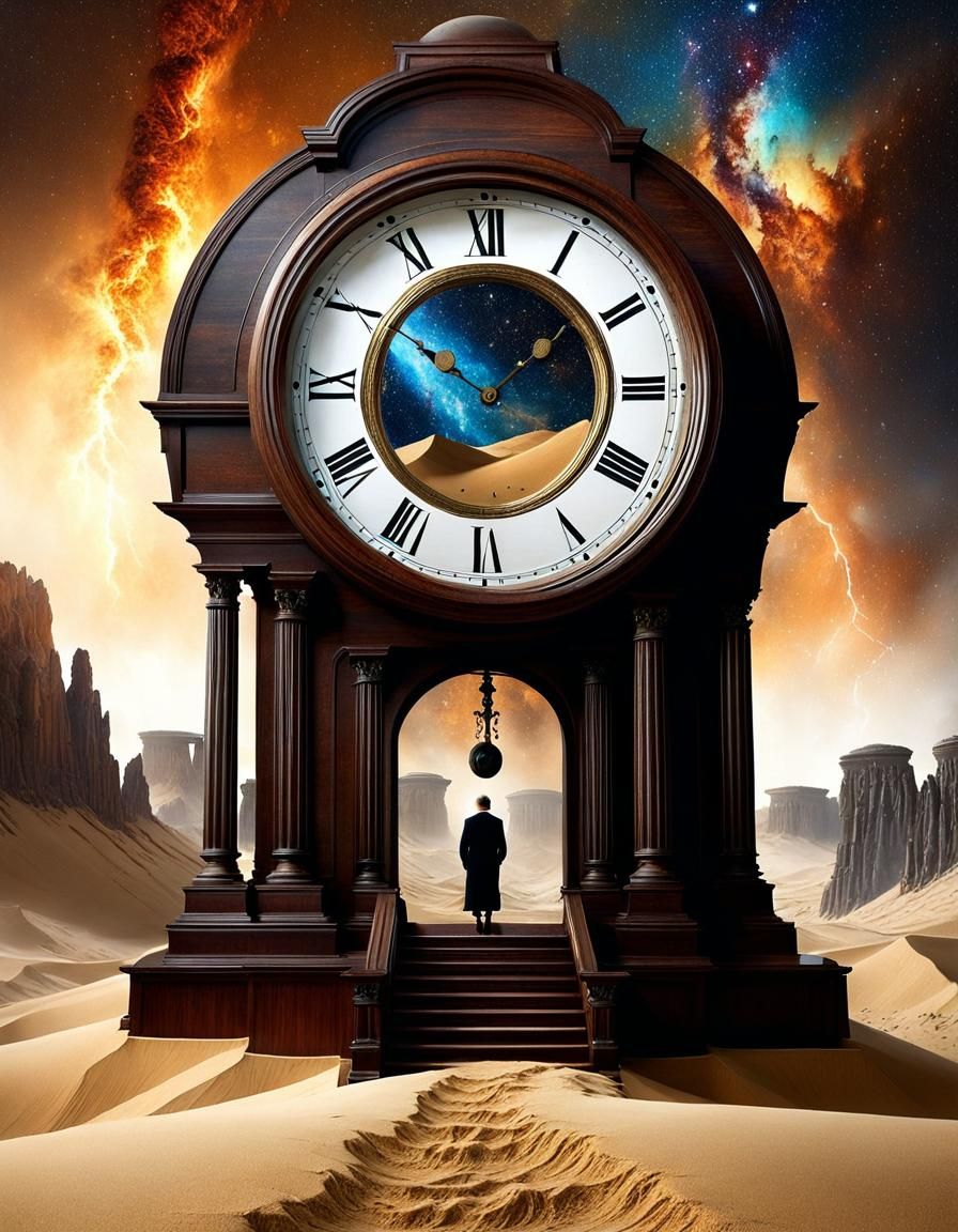 Cosmic Grandfather Clock in Dreamy Surrealism